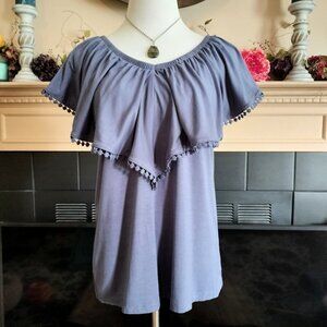 Pleione Ruffle Overlay Knit Top M Blue Elastic V-Neck Embroidered Trim Stretch